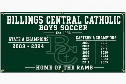 Billings Central Catholic Boys Soccer championship honor board listing State A and Eastern A championship years